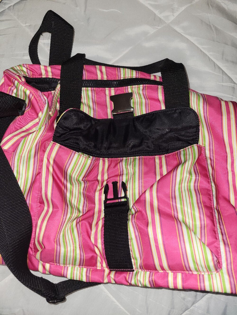 Lauren Ralph Lauren Pink Multi-Stripe Tote Bag with Black Accents
